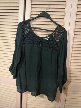 Crochet Yoke Blouse in Dark Green